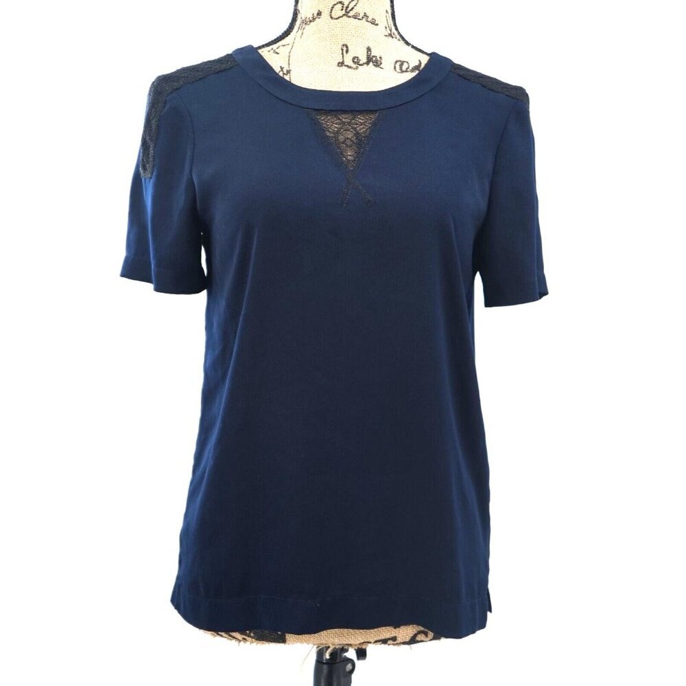 J Crew Shirt Women 2XS Royal Blue Short Sleeve Keyhole Neckline Lace Accent Top